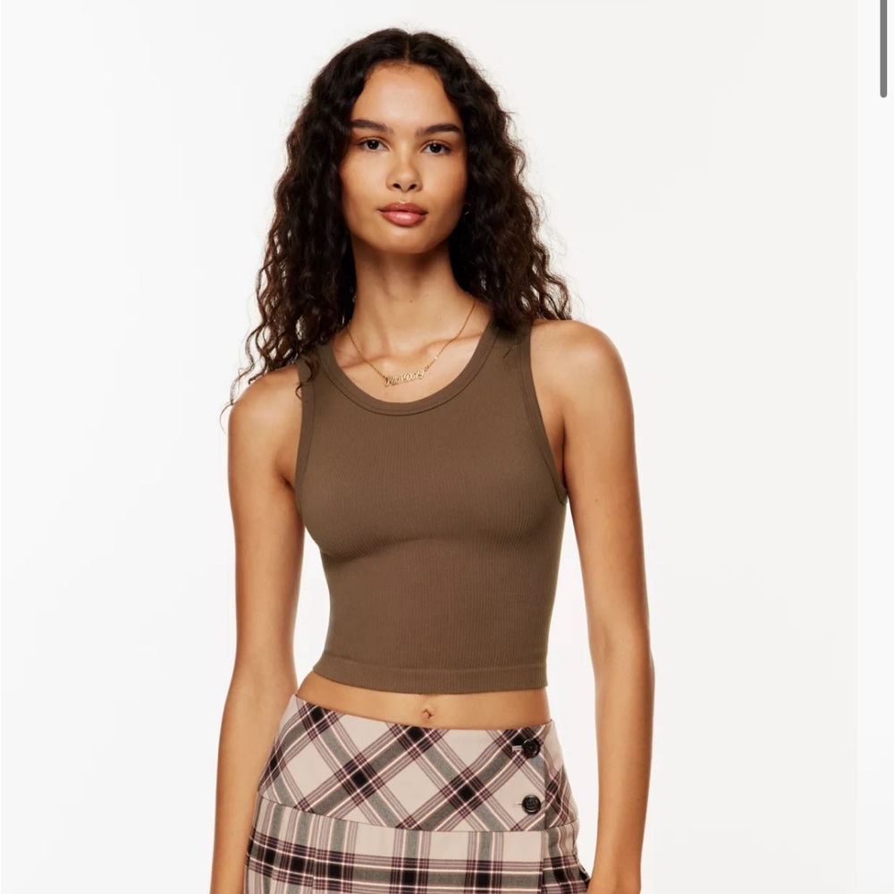 Aritzia: SinchSeamless™ Rib Crew Tank; Cognac